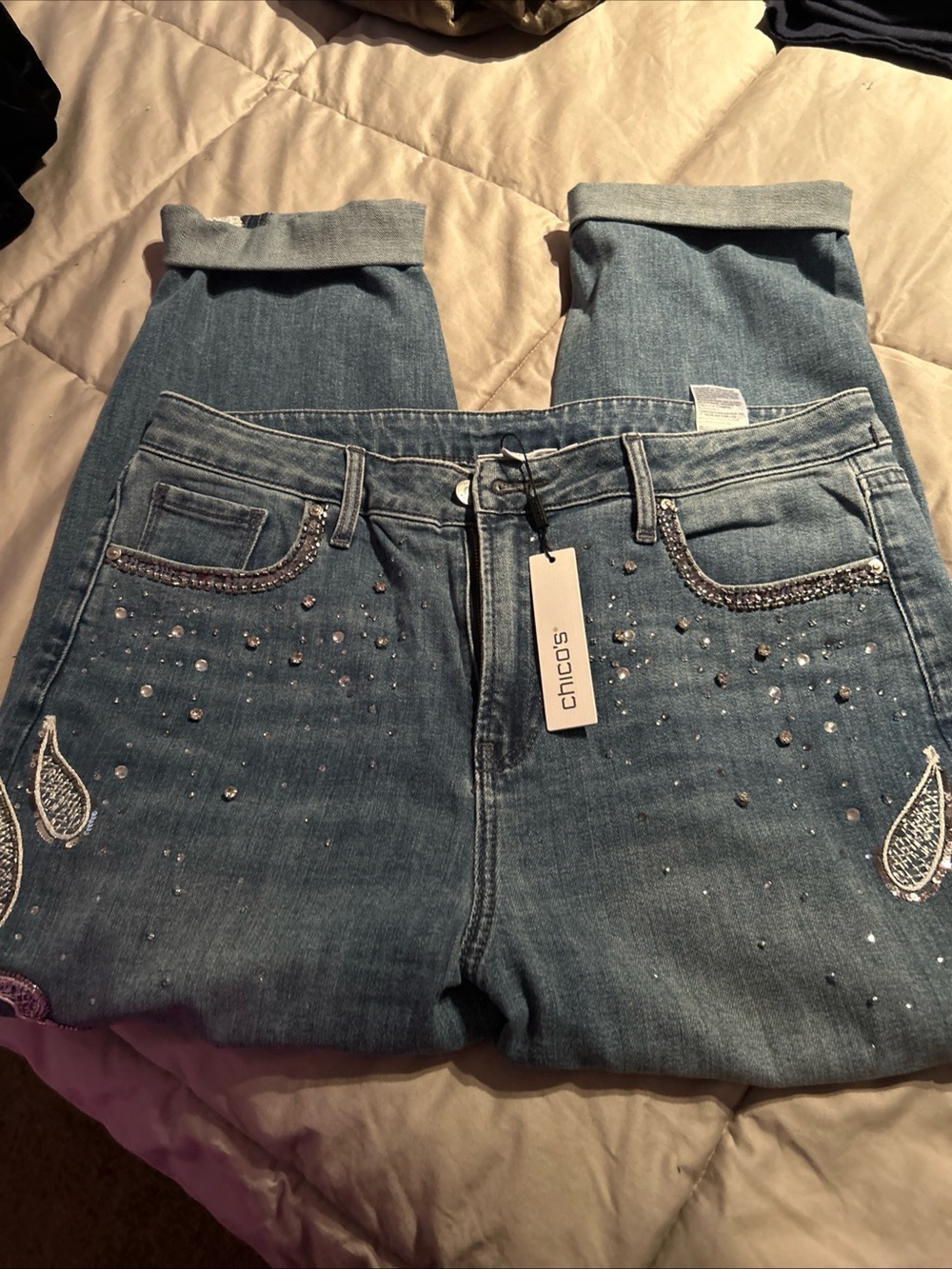 Chico's Light Blue Rhinestone & Bead Cropped Jeans